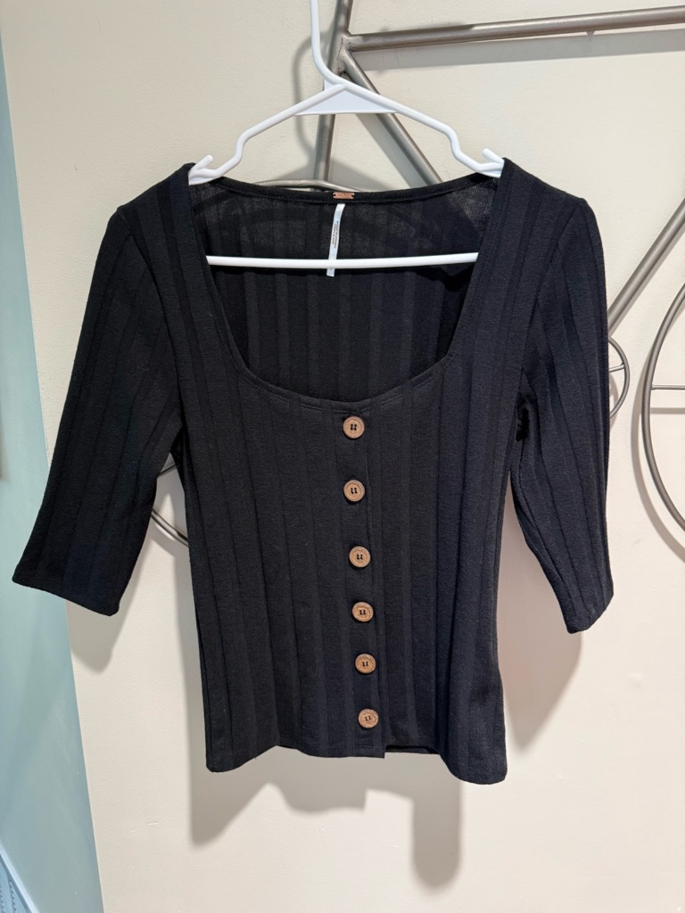 Free People Black Ribbed Scoop Neck Button-Front Women’s Top Size S